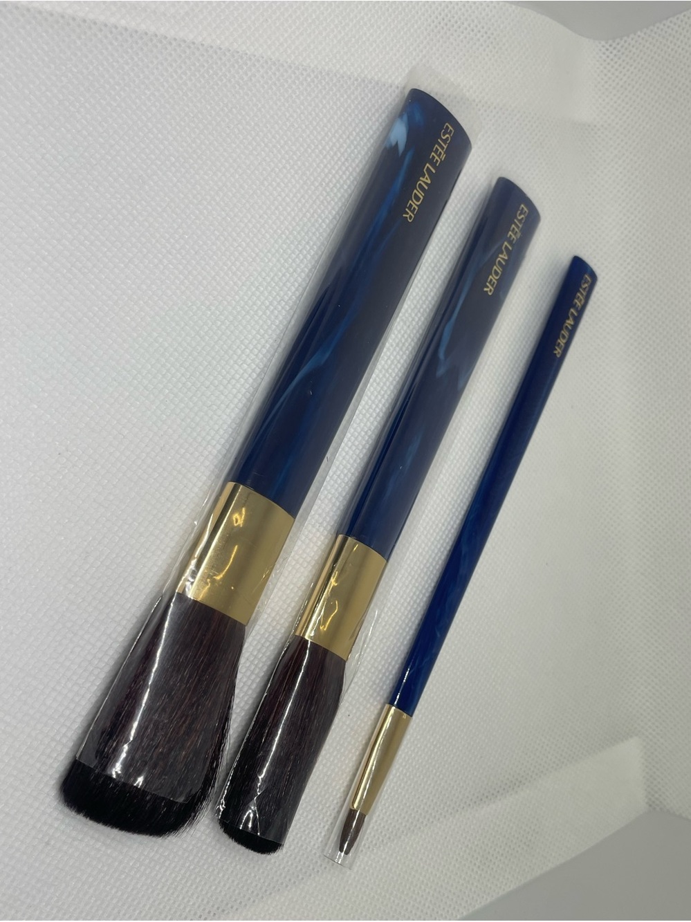 Vtg Estee Lauder Makeup Brush Set Of 3 Blue Acrylic Cobalt Blush NOS Brushes